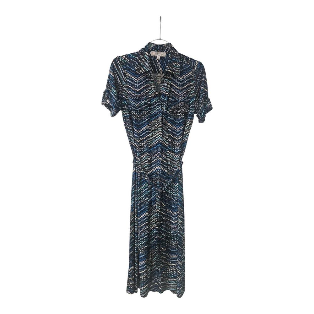 Kasper Dress Size 8 Geometric Stretch Short Sleeve Belt Waist Black Pearl Snap